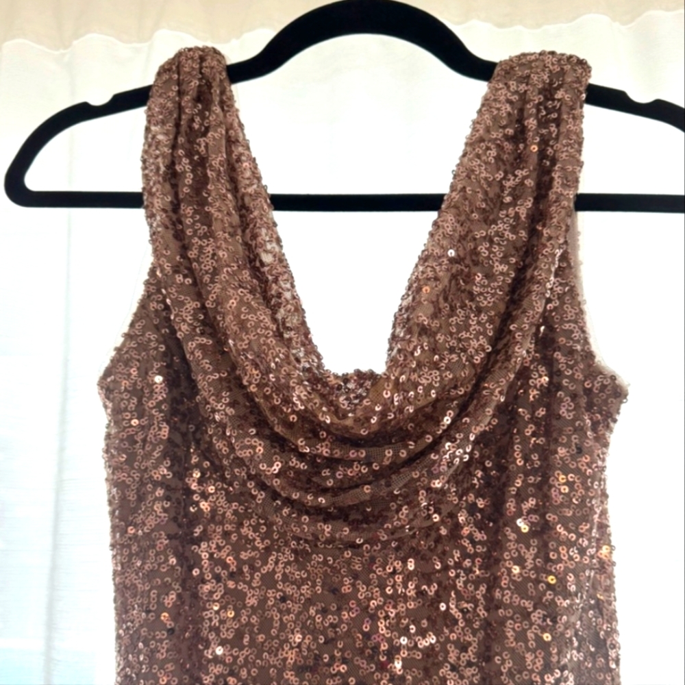 Jackie Jon Long Sequin Gown w/ Cowl Neck